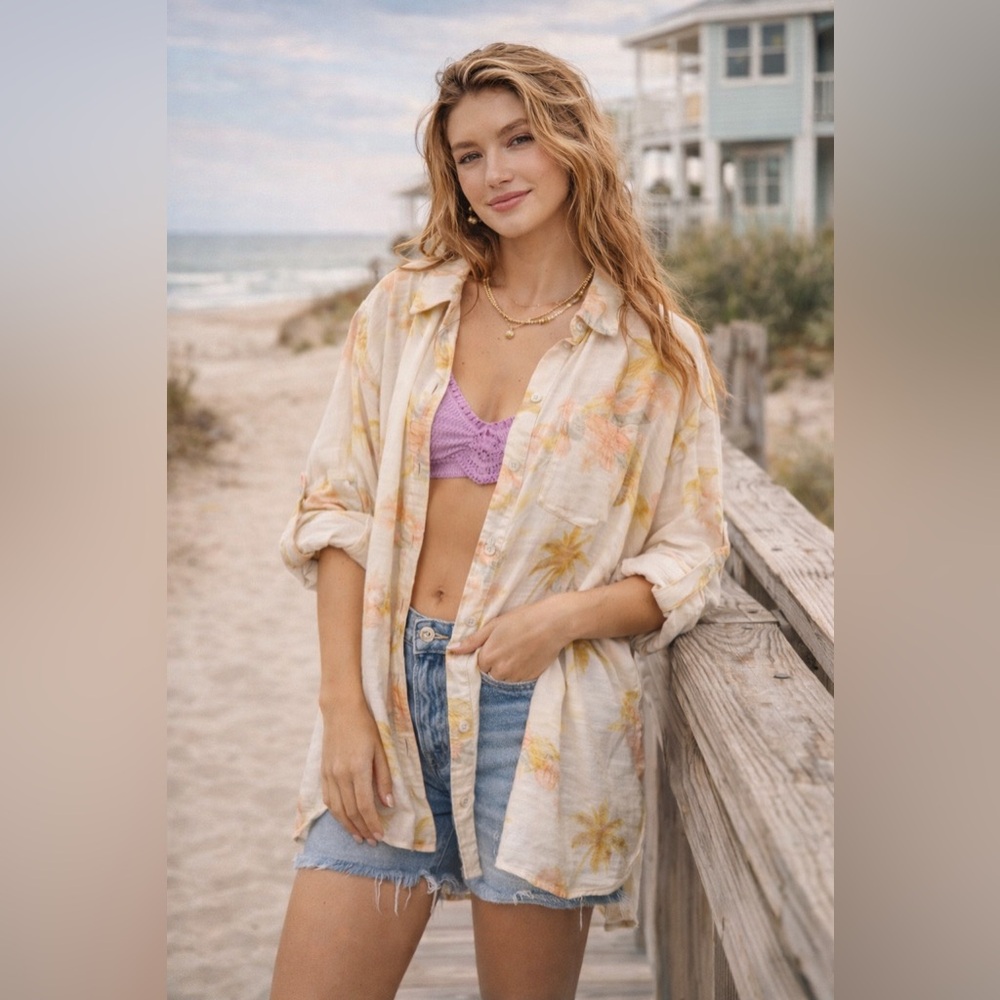 American Eagle Tropical Floral Button Down Shirt XXL Cream Pink Oversized